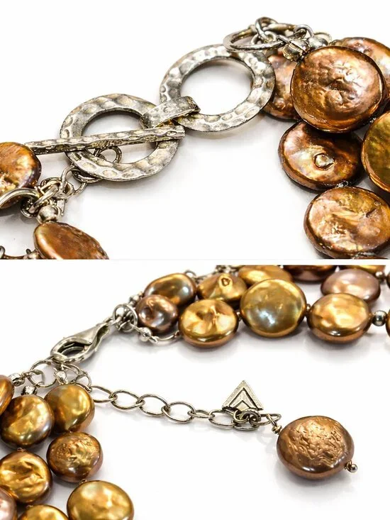 Silpada Bronze Coin Pearl 3-Strand Necklace | Smoky Quartz Layered N1717 - Picture 4 of 4